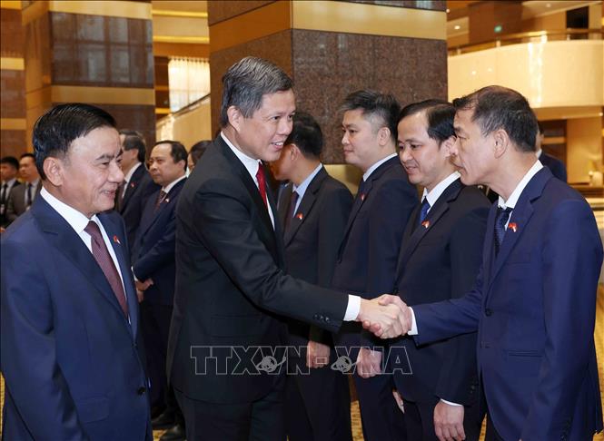 Thường trực Ban Bí thư Trần Cẩm Tú giới thiệu thành viên đoàn cấp cao Việt Nam với Phó Tổng Thư ký Đảng Hành động Nhân dân Singapore, Bộ trưởng Bộ Quốc phòng kiêm Bộ trưởng Điều phối dịch vụ công Chan Chun Sing. Ảnh: Phương Hoa - TTXVN