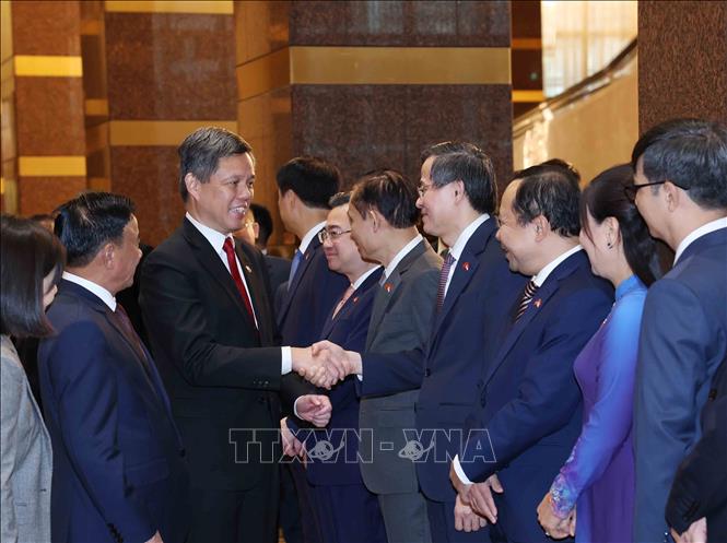 Thường trực Ban Bí thư Trần Cẩm Tú giới thiệu thành viên đoàn cấp cao Việt Nam với Phó Tổng Thư ký Đảng Hành động Nhân dân Singapore, Bộ trưởng Bộ Quốc phòng kiêm Bộ trưởng Điều phối dịch vụ công Chan Chun Sing. Ảnh: Phương Hoa - TTXVN