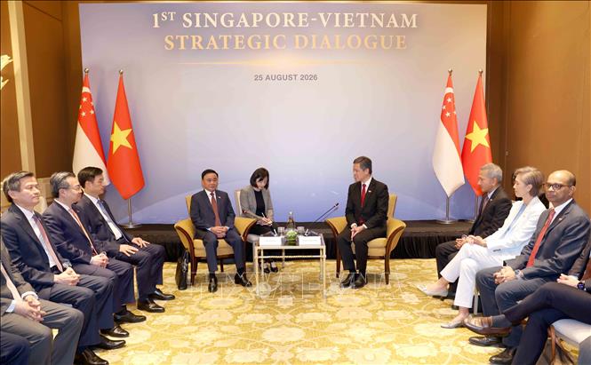 Phó Tổng Thư ký Đảng Hành động Nhân dân Singapore, Bộ trưởng Bộ Quốc phòng kiêm Bộ trưởng Điều phối dịch vụ công Chan Chun Sing chủ trì Lễ đón chính thức Ủy viên Bộ Chính trị, Thường trực Ban Bí thư Trần Cẩm Tú. Ảnh: Phương Hoa - TTXVN