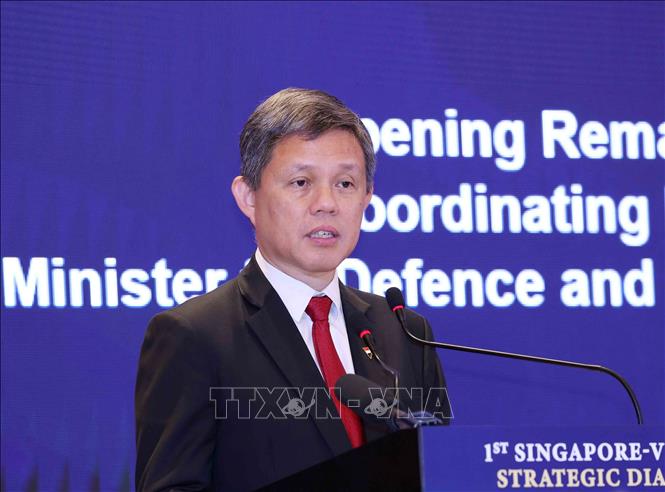 Phó Tổng Thư ký Đảng Hành động Nhân dân Singapore, Bộ trưởng Bộ Quốc phòng kiêm Bộ trưởng Điều phối dịch vụ công Chan Chun Sing phát biểu khai mạc. Ảnh: Phương Hoa - TTXVN