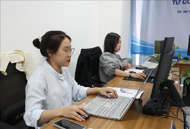 Nhân viên phát triển khách hàng Trung tâm Tư vấn phát luật tại TP. Hồ Chí Minh xử lý hồ sơ trên máy tính. Ảnh: Hồng Đạt - TTXVN