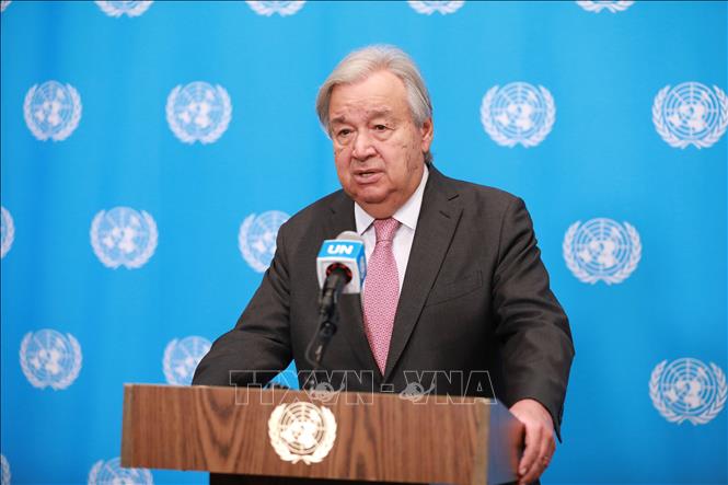 Tổng thư ký LHQ Antonio Guterres phát biểu trong cuộc họp báo tại New York, Mỹ ngày 24/8/2026. Ảnh: THX/TTXVN phát