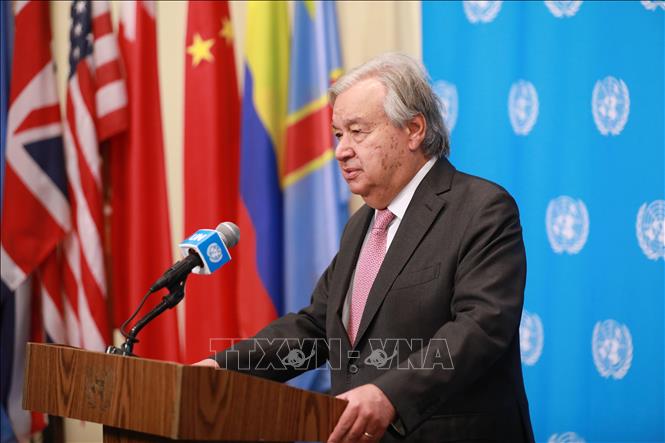 Tổng thư ký LHQ Antonio Guterres phát biểu trong cuộc họp báo tại New York, Mỹ ngày 24/8/2026. Ảnh: THX/TTXVN phát