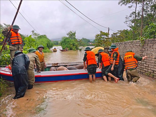 Lực lượng chức năng hỗ trợ người dân di chuyển tài sản đến nơi an toàn. Ảnh: Đồng Thúy - TTXVN