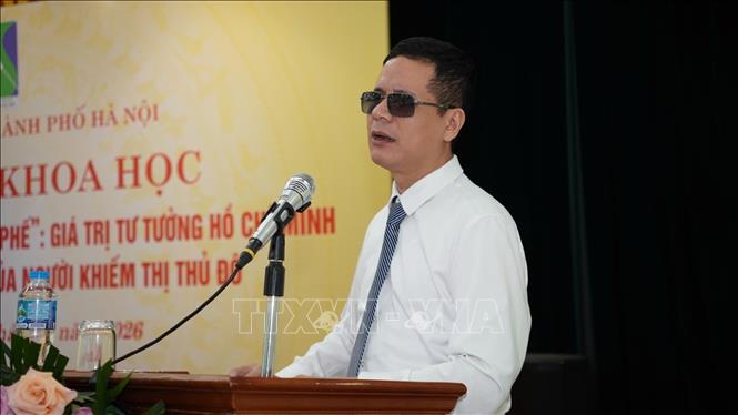 Ông Hoàng Mạnh Cường, Phó Chủ tịch phụ trách Hội người mù thành phố Hà Nội phát biểu khai mạc hội thảo. Ảnh: Hùng Mạnh - TTXVN