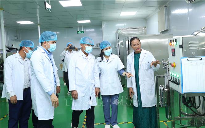 Ông Phongsavanh Siliphane, Ủy viên Trung ương Mặt trận Lào xây dựng đất nước, Ủy viên Ban Thường vụ Thành ủy, Chủ tịch Ủy ban cùng đoàn công tác tham quan Nhà máy sản xuất Pilot – An Lạc Farm của Hợp tác xã Hà Nội Xanh tại xã Liên Minh (Hà Nội). Ảnh: Văn Điệp - TTXVN