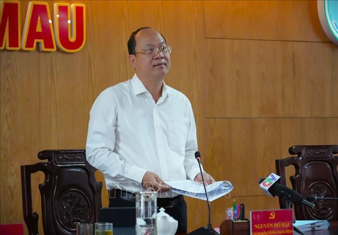 Bí thư Tỉnh ủy Cà Mau Nguyễn Hồ Hải phát biểu chỉ đạo tại hội nghị. Ảnh: Huỳnh Anh - TTXVN