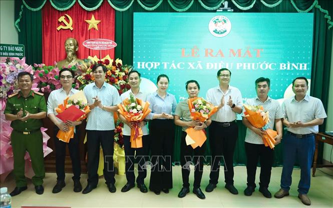 Lãnh đạo phương Phước Bình tặng hoa chúc mừng tập thể Hợp tác xã Điều Phước Bình. Ảnh: K GỬIH -TTXVN 