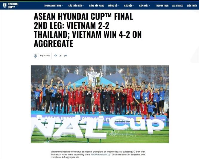 Trang truyền thông chính thức của ASEAN United FC xác nhận Việt Nam tiếp tục giữ vị thế nhà vô địch Đông Nam Á sau trận hòa 2-2 với Thái Lan. Ảnh chụp màn hình/TTXVN phát