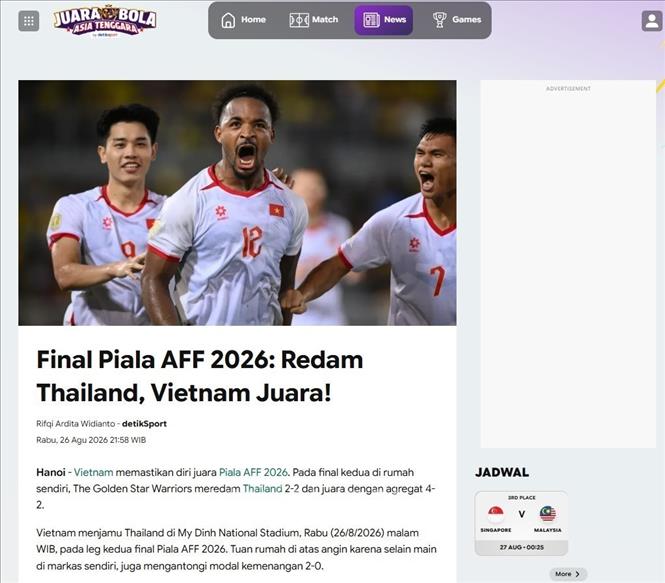 Trang Detik Sport đặt tiêu đề “Chung kết AFF Cup 2026: Kiềm tỏa Thái Lan, Việt Nam vô địch!”, nhấn mạnh Thái Lan từng có thời điểm tạo ra sức ép rất lớn nhưng không thể tận dụng lợi thế. Ảnh chụp màn hình/TTXVN phát