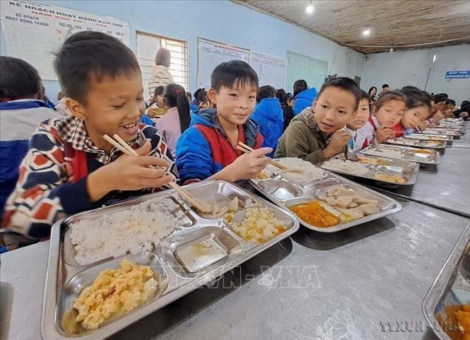 Hệ thống giáo dục được đổi mới theo hướng toàn diện và thực chất. Trong ảnh: Một bữa cơm cho học sinh Trường PTDT bán trú TH&THCS Xín Chải, tỉnh Tuyên Quang. Từ năm học 2025 - 2026, nhà nước hỗ trợ bữa ăn trưa cho học sinh tiểu học và trung học cơ sở ở vùng khó khăn, ưu tiên ở các xã biên giới miền núi. Ảnh: Đức Thọ - TTXVN