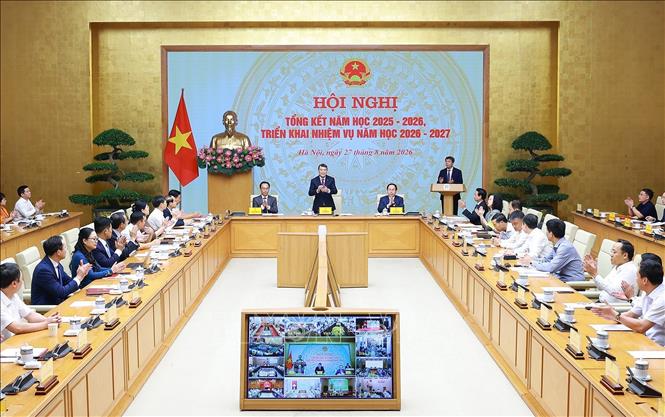 Thủ tướng Lê Minh Hưng dự Hội nghị tổng kết năm học 2025-2026 và triển khai năm học 2026-2027. Ảnh: Dương Giang – TTXVN
