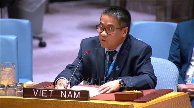 Công sứ Nguyễn Hải Lưu, Phó Trưởng Phái đoàn thường trực Việt Nam tại LHQ, phát biểu tại phiên thảo luận. Ảnh: TTXVN phát 