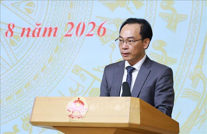 Bộ trưởng Bộ Giáo dục và Đào tạo Hoàng Minh Sơn phát biểu tại Hội nghị tổng kết năm học 2025-2026 và triển khai năm học 2026-2027. Ảnh: Dương Giang – TTXVN