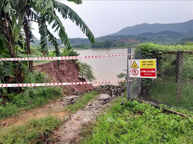 Dọc tuyến bờ sông Đà trên địa bàn xã Tu Vũ, tỉnh Phú Thọ xuất hiện nhiều điểm sạt lở, một số vị trí lở ăn sâu vào đất liền tiến sát khu vực nhà ở của người dân. Ảnh: Nguyễn Văn Cảnh – TTXVN