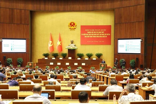 Quán triệt, triển khai nghị quyết là bước chuyển từ chủ trương của Trung ương thành hành động cụ thể ở các cấp, các ngành. Trong ảnh: Hội nghị toàn quốc quán triệt, triển khai thực hiện Nghị quyết Trung ương III, khoá XIV tại điểm cầu trung tâm - Hội trường Diên Hồng, Nhà Quốc hội. Ảnh: Phương Hoa – TTXVN  