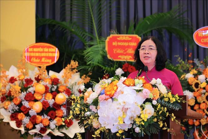 Ủy viên Bộ Chính trị, Bí thư Trung ương Đảng, Chủ tịch Uỷ ban Trung ương Mặt trận Tổ quốc Việt Nam Bùi Thị Minh Hoài phát biểu chỉ đạo Đại hội. Ảnh: Hoàng Hiếu - TTXVN