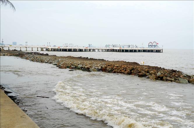 Nhà thầu triển khai thi công hàng rào bảo vệ, đường công vụ và các hạng mục, phục vụ công tác bơm cát vào đê quây - ống địa kỹ thuật. Ảnh: Việt Hoàng - TTXVN