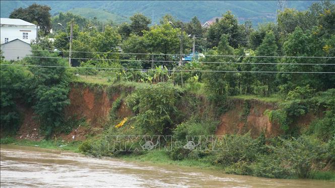Sông Đăk SNghé sạt lở nhiều vị trí. Ảnh: Dư Toán - TTXVN