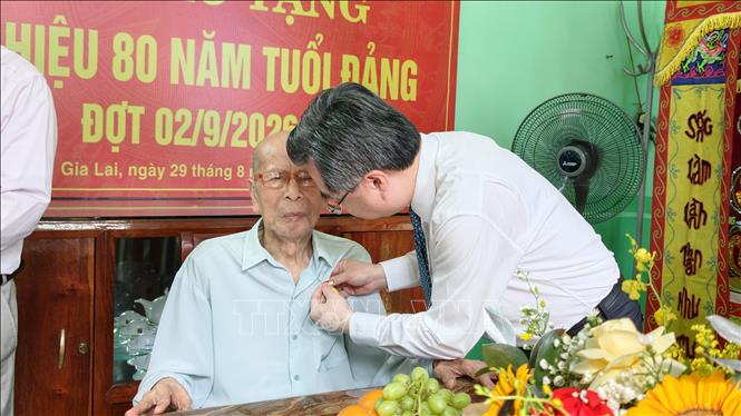 Trưởng ban Chính sách, chiến lược Trung ương Nguyễn Thanh Nghị trao Huy hiệu 80 tuổi Đảng cho đảng viên Phan Ngọc Bích, Chi bộ Tổ dân phố 6, Đảng bộ phường Quy Nhơn, tỉnh Gia Lai. Ảnh: Sỹ Thắng - TTXVN