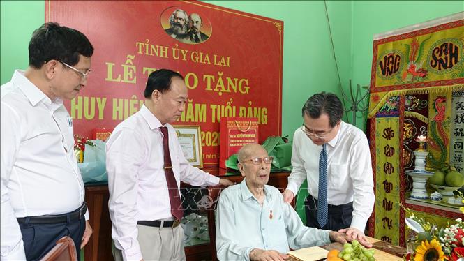 Trưởng ban Chính sách, chiến lược Trung ương Nguyễn Thanh Nghị trao Huy hiệu 80 tuổi Đảng cho đảng viên Phan Ngọc Bích, Chi bộ Tổ dân phố 6, Đảng bộ phường Quy Nhơn, tỉnh Gia Lai. Ảnh: Sỹ Thắng - TTXVN