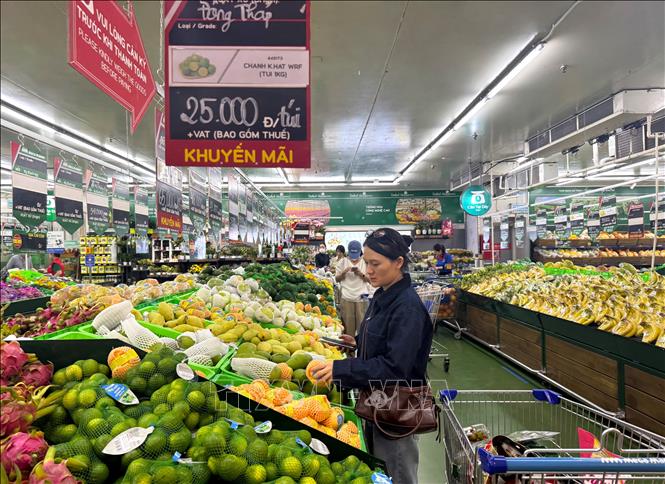 Trái cây nhiệt đới, trái cây theo mùa được ưa chuộng lựa chọn tại siêu thị MM Mega Market An Phú, TP Hồ Chí Minh. Ảnh: Hương Giang - TTXVN