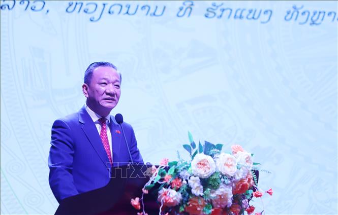 Đại sứ Việt Nam tại Lào Nguyễn Minh Tâm phát biểu tại tiệc chiêu đãi. Ảnh: Xuân Tú - PV TTXVN tại Lào