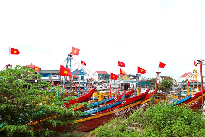 Sắc thắm cờ Tổ quốc tung bay trên các tàu, thuyền đánh cá của ngư dân làng biển đang neo đậu trên sông Diễn Thủy dịp lễ 2/9. Ảnh: Xuân Tiến - TTXVN 
