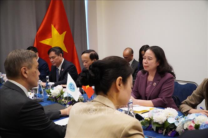 Phó Chủ tịch nước Võ Thị Ánh Xuân gặp Tổng thư ký SCO Nurlan Yemekbayev. Ảnh: Tâm Hằng, phóng viên TTXVN tại SNG
