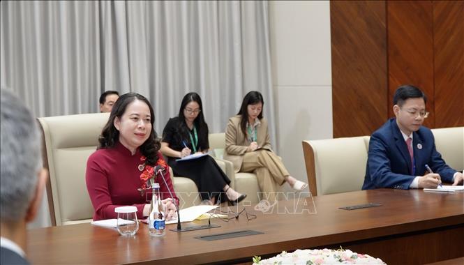Phó Chủ tịch nước Võ Thị Ánh Xuân phát biểu tại cuộc gặp. Ảnh: Tâm Hằng, phóng viên TTXVN tại SNG