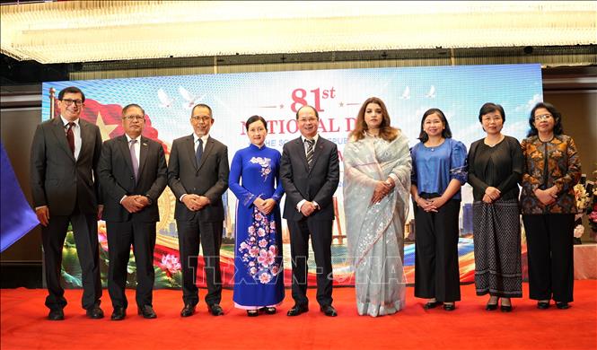Đại sứ Nguyễn Mạnh Cường (chính giữa) và Quốc Vụ khanh Bộ Ngoại giao Bangladesh Shama Obaed Islam (thứ tư từ phải sang) chụp ảnh cùng Đại sứ các nước ASEAN. Ảnh: TTXVN phát  