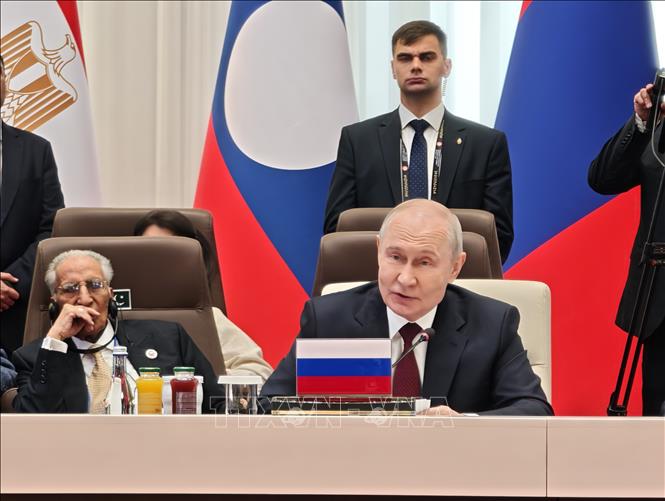 Tổng thống Vladimir Putin phát biểu tại Hội nghị Thượng đỉnh Tổ chức Hợp tác Thượng Hải mở rộng (SCO Plus). Ảnh: Tâm Hằng - PV TTXVN tại SNG