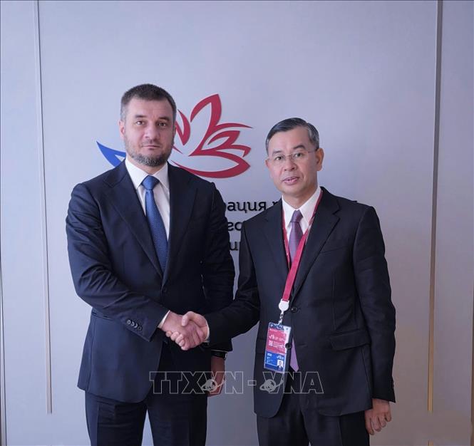 Bộ trưởng Tài chính Ngô Văn Tuấn làm việc với Thứ trưởng thường trực Bộ Phát triển Viễn Đông và Bắc Cực, LB Nga. Ảnh: Văn Hiếu - PV TTXVN tại Nga