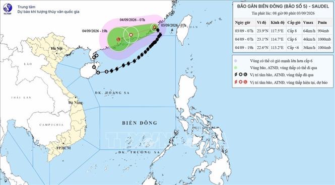 Đường đi của bão số 5 lúc 7h ngày 3/9/2026. Ảnh: Trung tâm Dự báo KTTV quốc gia/TTXVN phát