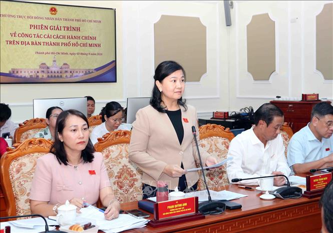 Bà Phạm Quỳnh Anh, Trưởng ban Pháp chế HĐND Thành phố Hồ Chí Minh nêu các nội dung cần các sở, ngành của Thành phố giải trình. Ảnh: Xuân Khu-TTXVN