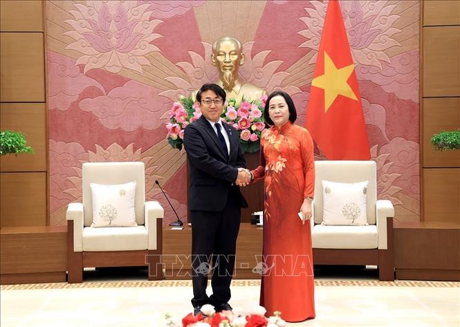 National Assembly (NA) Vice President Nguyen Thi Thanh receives Saito Hiroaki, a member of the Japanese House of Representatives and Chair of its Committee on Education, Culture, Sports, Science and Technology. VNA Photo: Tuấn Anh
