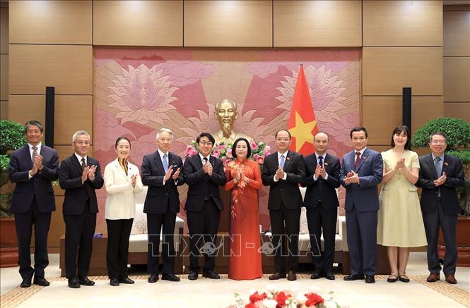National Assembly (NA) Vice President Nguyen Thi Thanh, Saito Hiroaki, a member of the Japanese House of Representatives and Chair of its Committee on Education, Culture, Sports, Science and Technology, and delegates pose for a group photo. VNA Photo: Tuấn Anh
