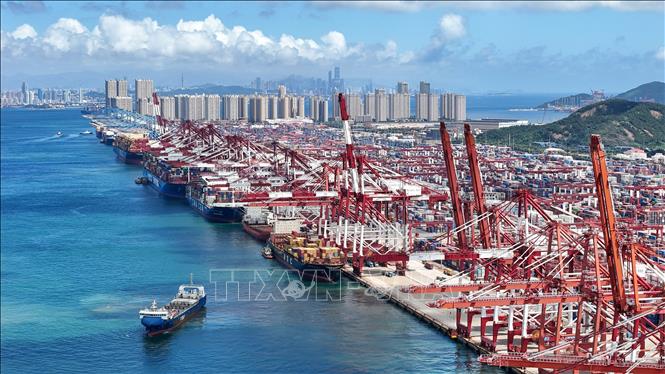 Tàu container neo tại cảng Qianwan ở Thanh Đảo, tỉnh Sơn Đông, Trung Quốc ngày 25/8/2026. Ảnh: THX/TTXVN phát