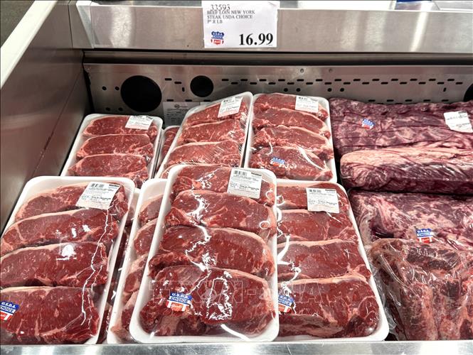 Thịt bò USDA Choice đóng khay tại một siêu thị ở Virginia, giá thịt thăn New York (New York steak) niêm yết ở mức 16,99 USD/pound. Ảnh: Đoàn Hùng - PV TTXVN tại Mỹ