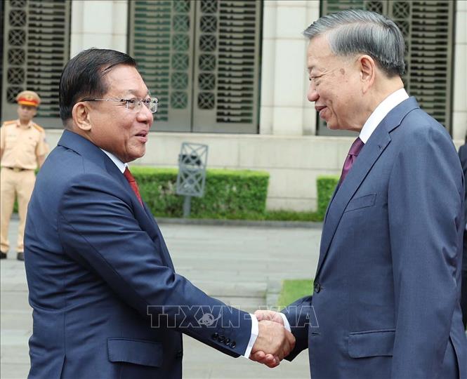 Tổng Bí thư, Chủ tịch nước Tô Lâm đón Tổng thống Myanmar Min Aung Hlaing. Ảnh: Thống Nhất – TTXVN