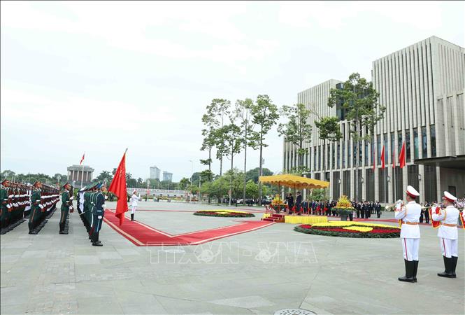 Lễ đón trọng thể Tổng thống Cộng hòa Liên bang Myanmar Min Aung Hlaing và Phu nhân thăm chính thức Việt Nam. Ảnh: Thống Nhất, Phạm Kiên – TTXVN