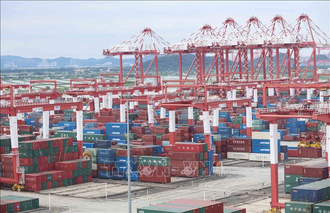 Cảng tự động hoàn toàn giai đoạn IV, thuộc cảng Quảng Châu (Trung Quốc) là cảng tự động hoàn toàn mới xây dựng đầu tiên tại Khu vực Vịnh lớn Quảng Đông - Hong Kong - Macau. Ảnh: Công Tuyên - PV TTXVN tại Trung Quốc