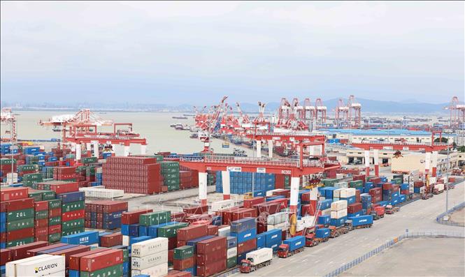 Cảng tự động hoàn toàn giai đoạn IV, thuộc cảng Quảng Châu (Trung Quốc) là cảng vận tải đa phương thức tự động hoàn toàn đầu tiên trên thế giới tích hợp đường sông, đường biển và đường sắt. Ảnh: Công Tuyên - PV TTXVN tại Trung Quốc