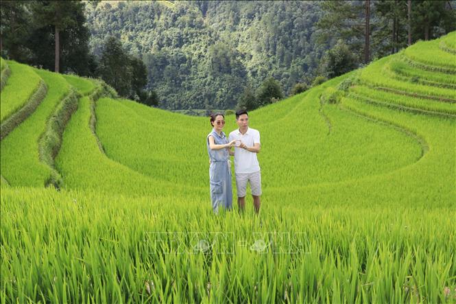 Từng thửa ruộng bậc thang xếp tầng tầng lớp lớp, men theo sườn núi như những dải lụa vắt ngang lưng trời thu hút du khách. Ảnh: Tuấn Anh - TTXVN