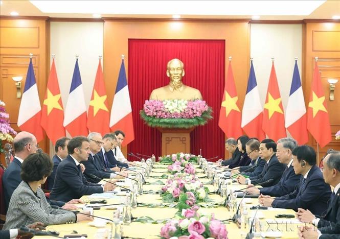 Tổng Bí thư Tô Lâm tiếp Tổng thống Pháp Emmanuel Macron thăm cấp Nhà nước tới Việt Nam (26/5/2025). Ảnh: Thống Nhất – TTXVN