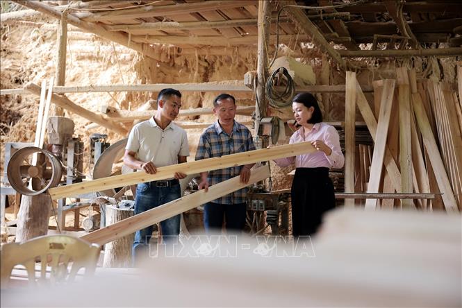 Gia đình anh Sần Seo Lềnh, dân tộc Mong ở thôn Pả Chư Tỷ, xã Lủng Thần, Lào Cai vay vốn giải quyết việc làm đầu tư mua máy móc, làm nhà xưởng chế biến gỗ, thu hút 4 lao động. Ảnh: Trần Việt - TTXVN