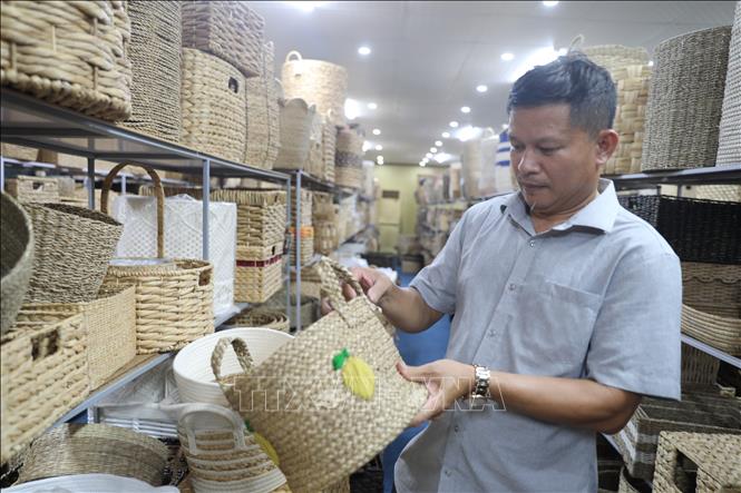 Ông Phạm Minh Tôn, Giám đốc Công ty Cổ phần Sản xuất, chế biến cói xuất khẩu Việt Anh, xã Nga An, kiểm tra các sản phẩm của công ty. Ảnh: Khiếu Tư - TTXVN