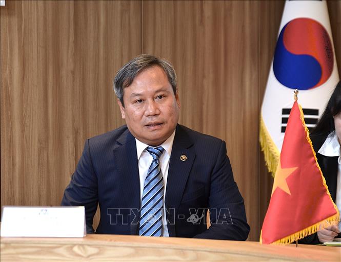 Chủ tịch UBND thành phố Hà Nội Vũ Đại Thắng tại buổi làm việc với Thị trưởng Seoul Oh Se-hoon. Ảnh: Khánh Vân - PV TTXVN tại Hàn Quốc