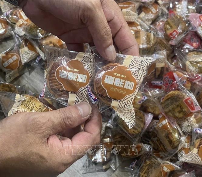 Đoàn kiểm tra phát hiện 520 chiếc bánh Trung thu nhãn hiệu “MOON CAKE” được sản xuất ở nước ngoài nhưng không có hóa đơn, chứng từ hợp pháp chứng minh nguồn gốc. Ảnh: Quốc Lũy - TTXVN