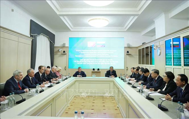 Tổng Bí thư, Chủ tịch nước Tô Lâm hội kiến Chủ tịch Duma Quốc gia Nga Vyacheslav Volodin. Ảnh: Thống Nhất – TTXVN